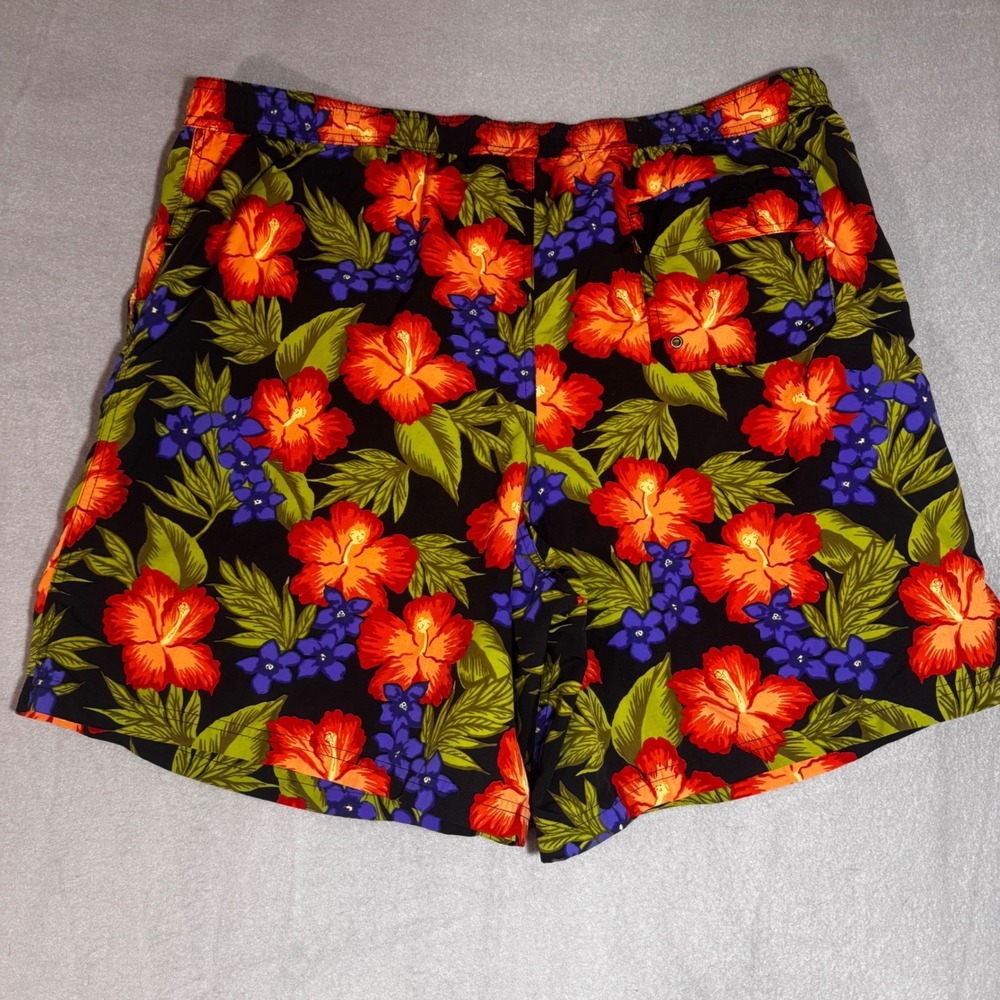 Mens‎ XL Tropical Hibiscus Floral Swim Trunks Black Orange Blue Board Shorts - Picture 7 of 7